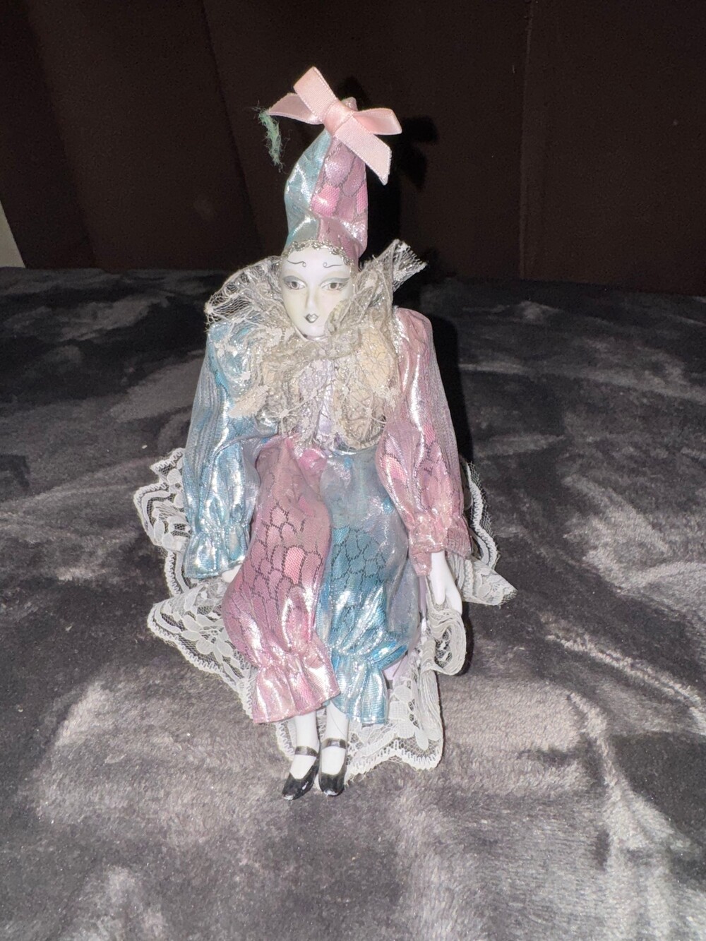 Porcelain Clown Doll Seated Pastel Pink Blue Lace Trim Decorative